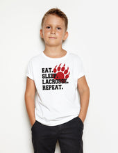 Load image into Gallery viewer, Youth Lacrosse Eat Sleep Lacrosse Repeat Apparel- Adult and Youth Sizes